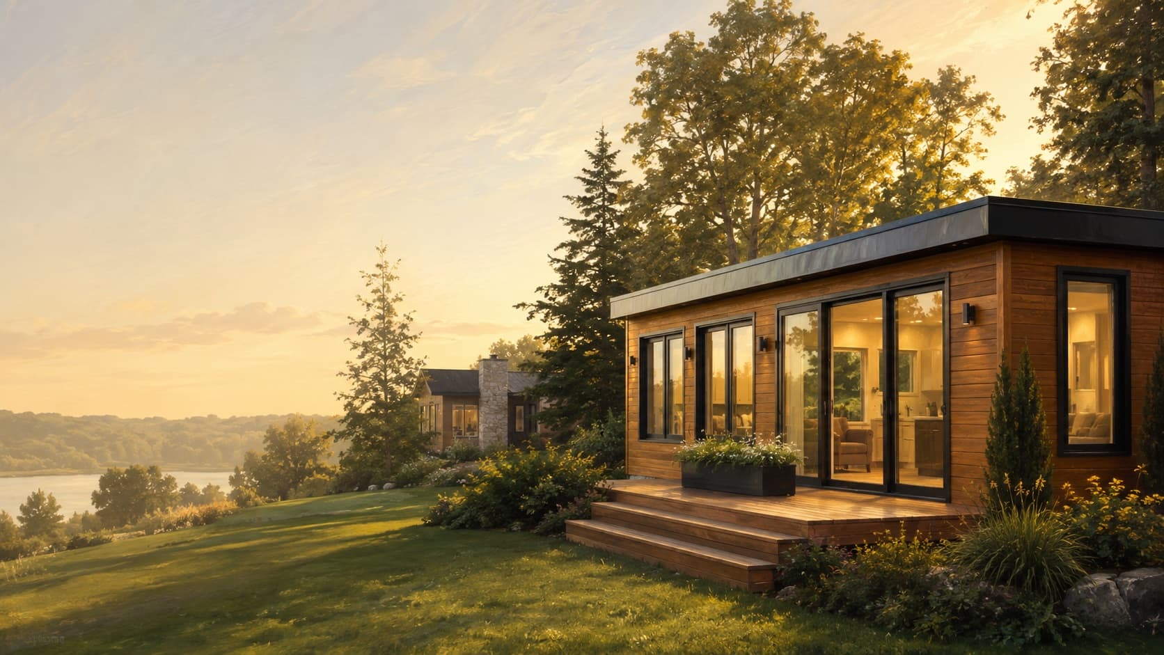 Modular Parkland home at golden hour overlooking an Ontario lake