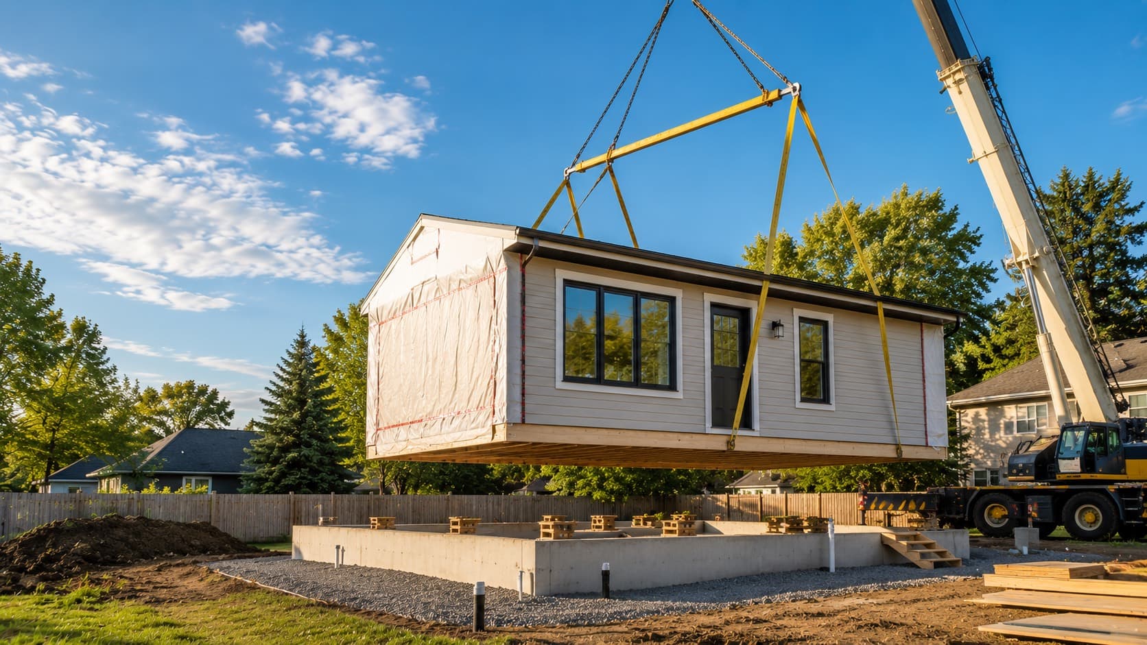 A modular home module being craned onto a poured concrete foundation