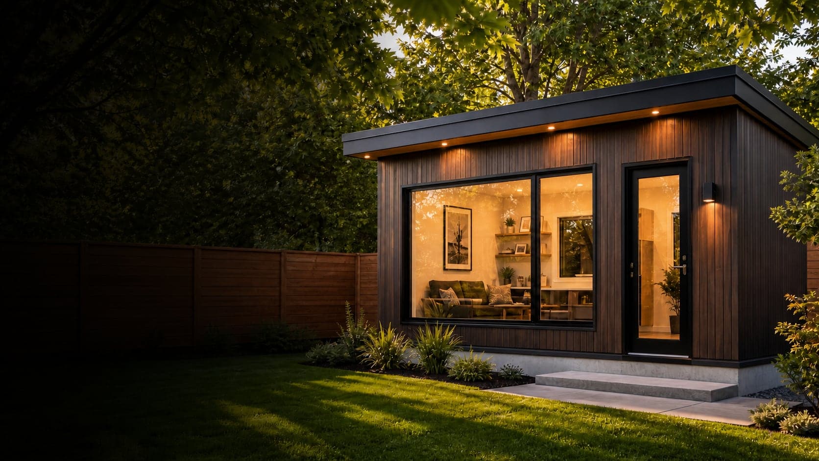 A modern factory-built backyard cabin on a permanent foundation in an Ontario backyard
