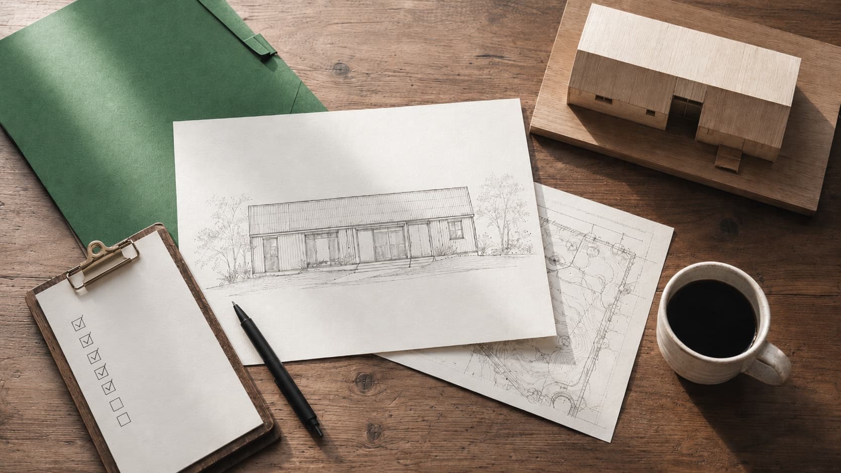 An overhead view of a walnut desk arranged for a modular home research session — an architectural elevation drawing of a single-storey home, a site plan, a clipboard checklist, a small wooden architectural model, a forest-green document folder, and a ceramic mug of coffee.
