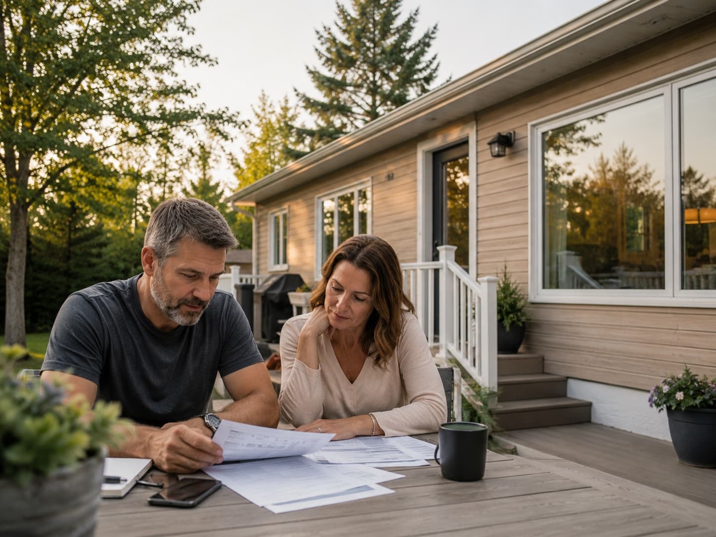 Buyer reviewing modular home financing paperwork with a mortgage broker
