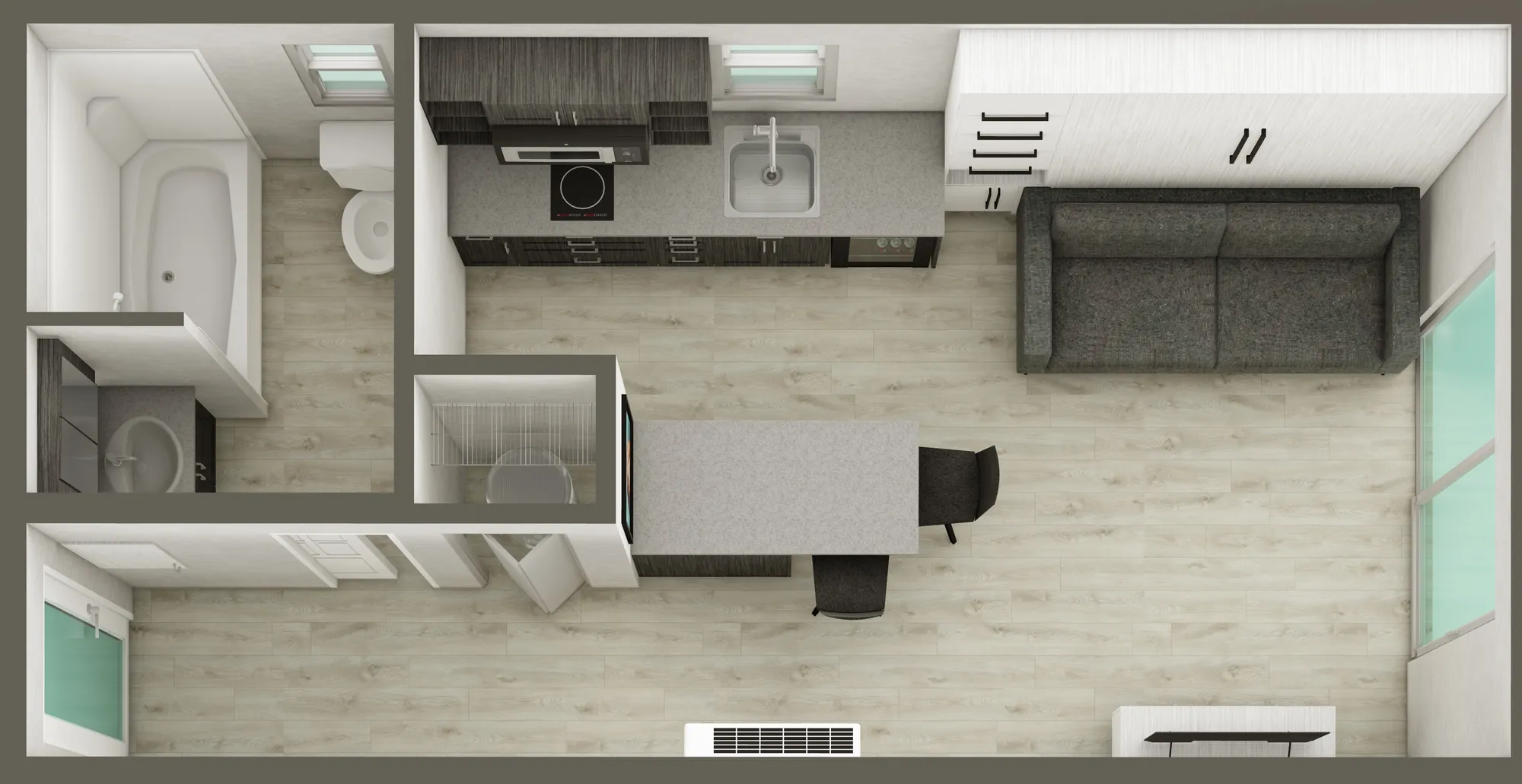 Flat 26 (ADU2412) 3D view — bed away, living layout