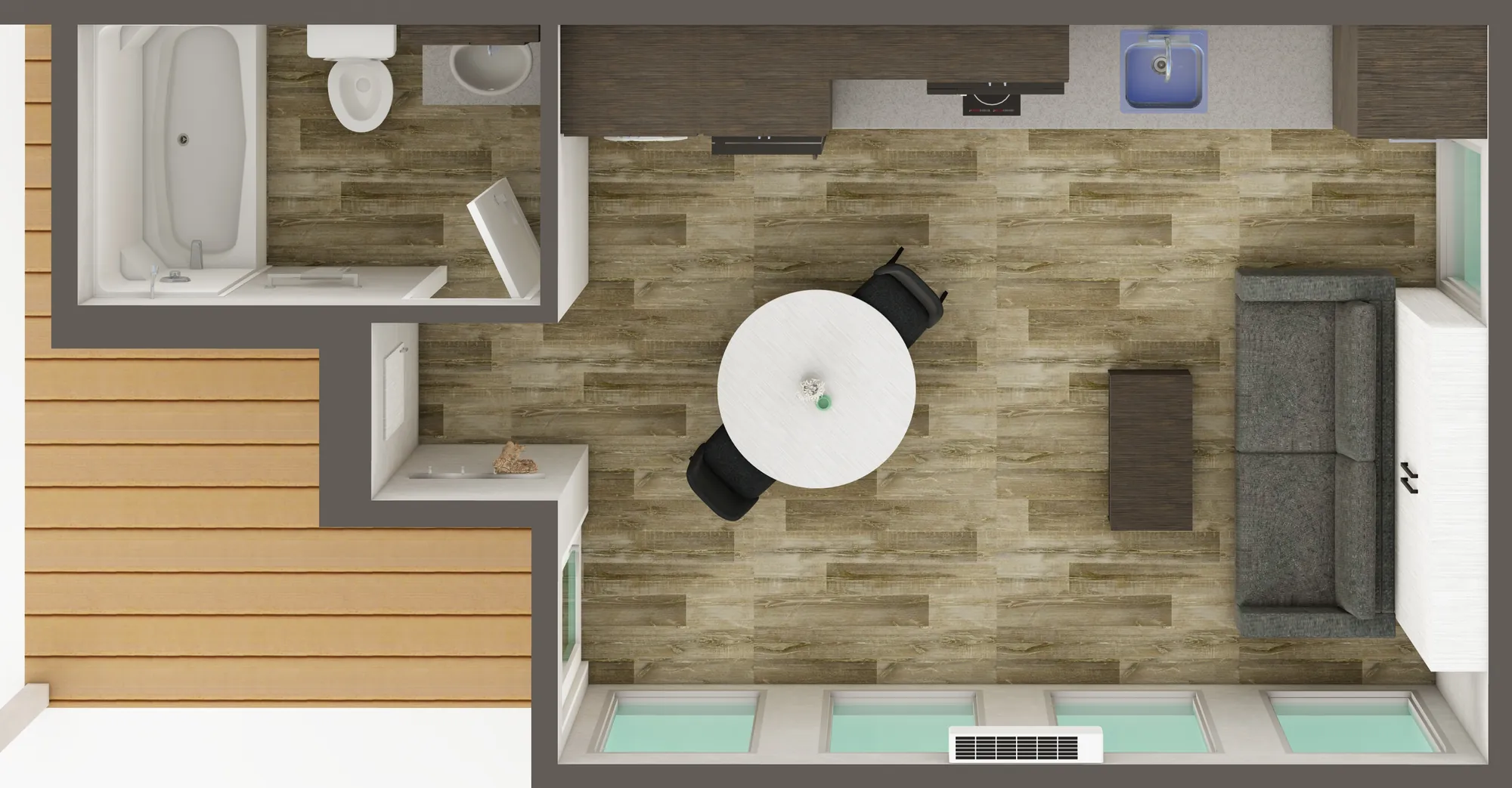 Flat 26 (ADU2814) 3D view — bed away, living layout