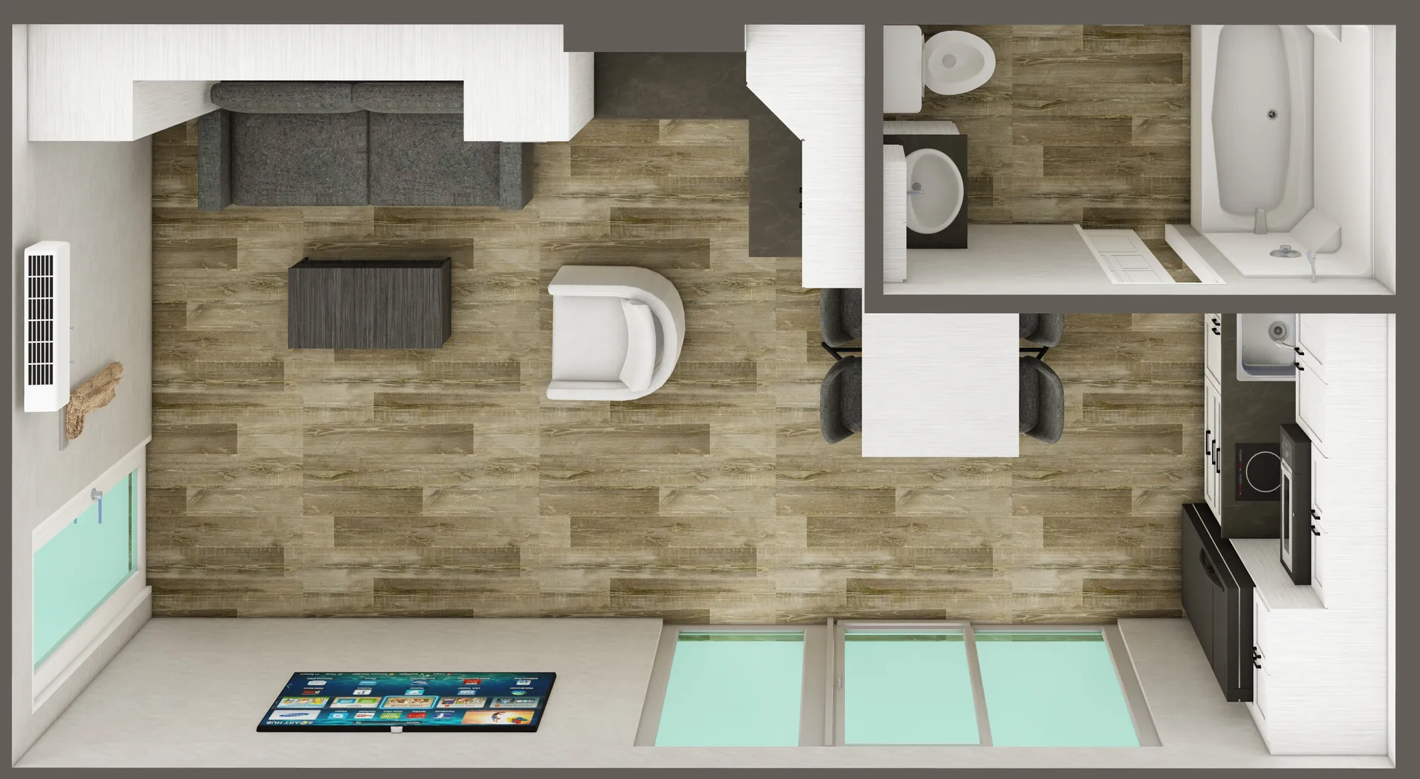 Studio 26 (ADU2413) 3D view — bed away, living layout