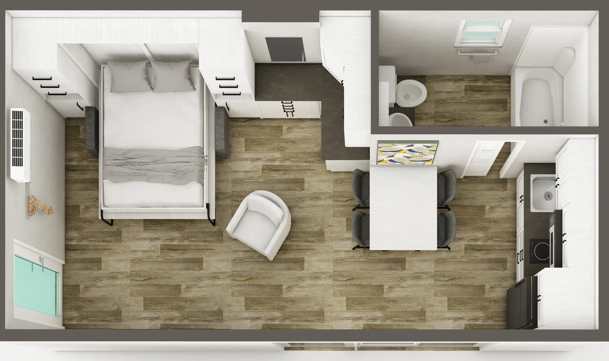 Studio 26 (ADU2413) 3D view — bed down, sleeping layout
