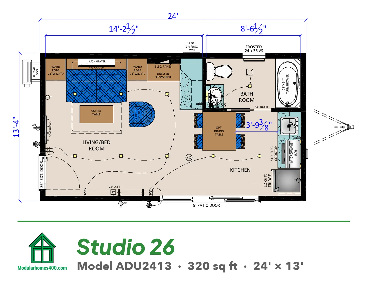 Studio 26 (ADU2413) floor plan — 320 sq ft