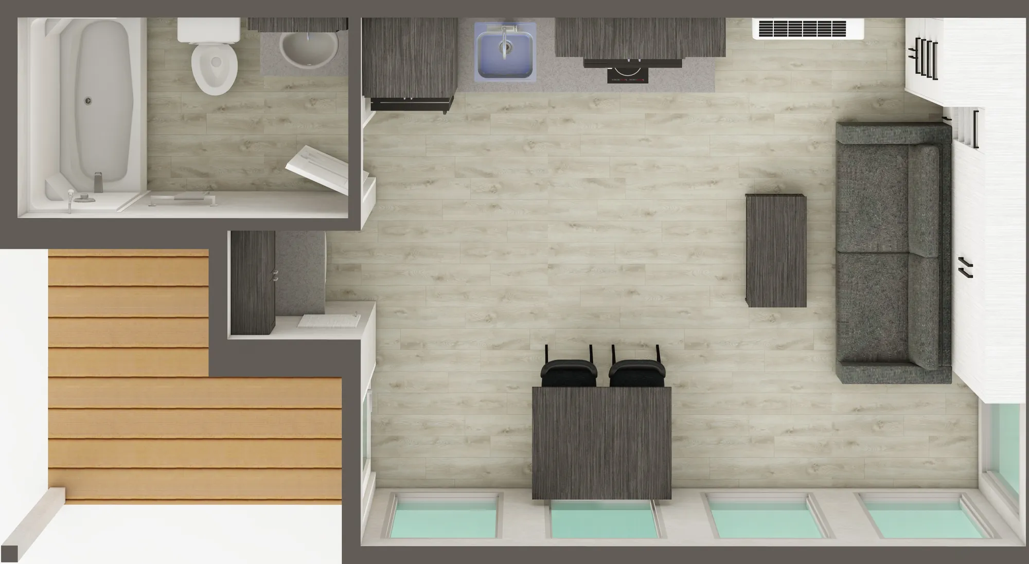 Studio 26 (ADU2614) 3D view — bed away, living layout