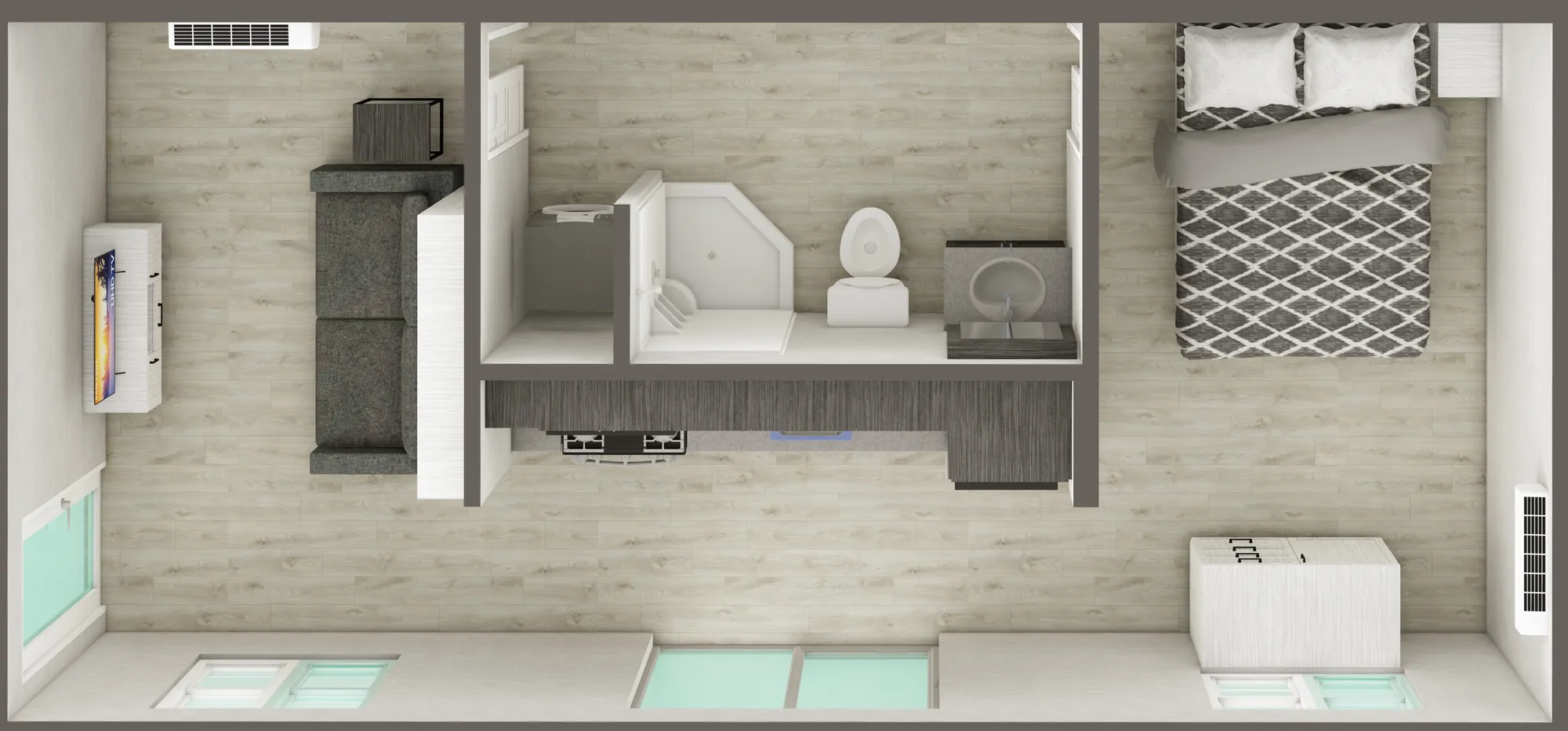 Suite 26 (ADU3014) 3D view — bed away, living layout