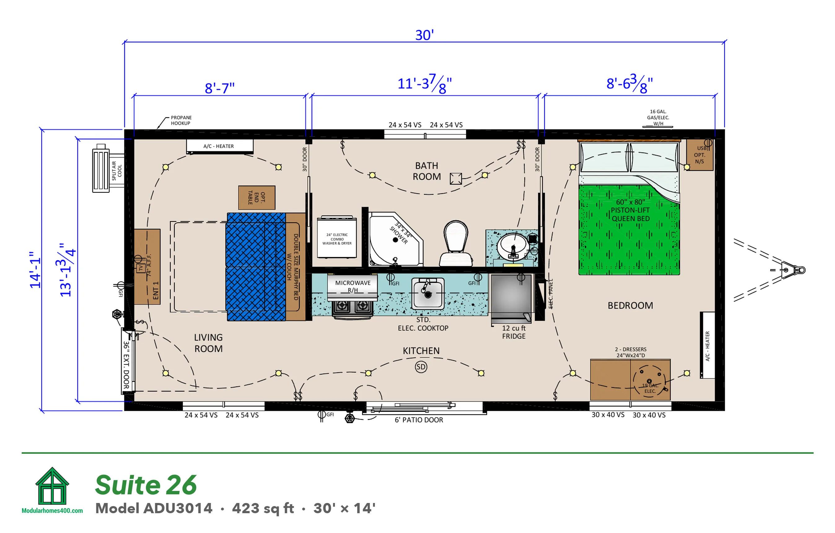 Suite 26 (ADU3014) floor plan — 423 sq ft