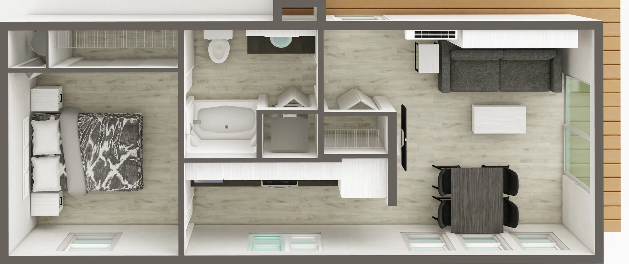 Suite 26 (ADU3214) 3D view — bed away, living layout