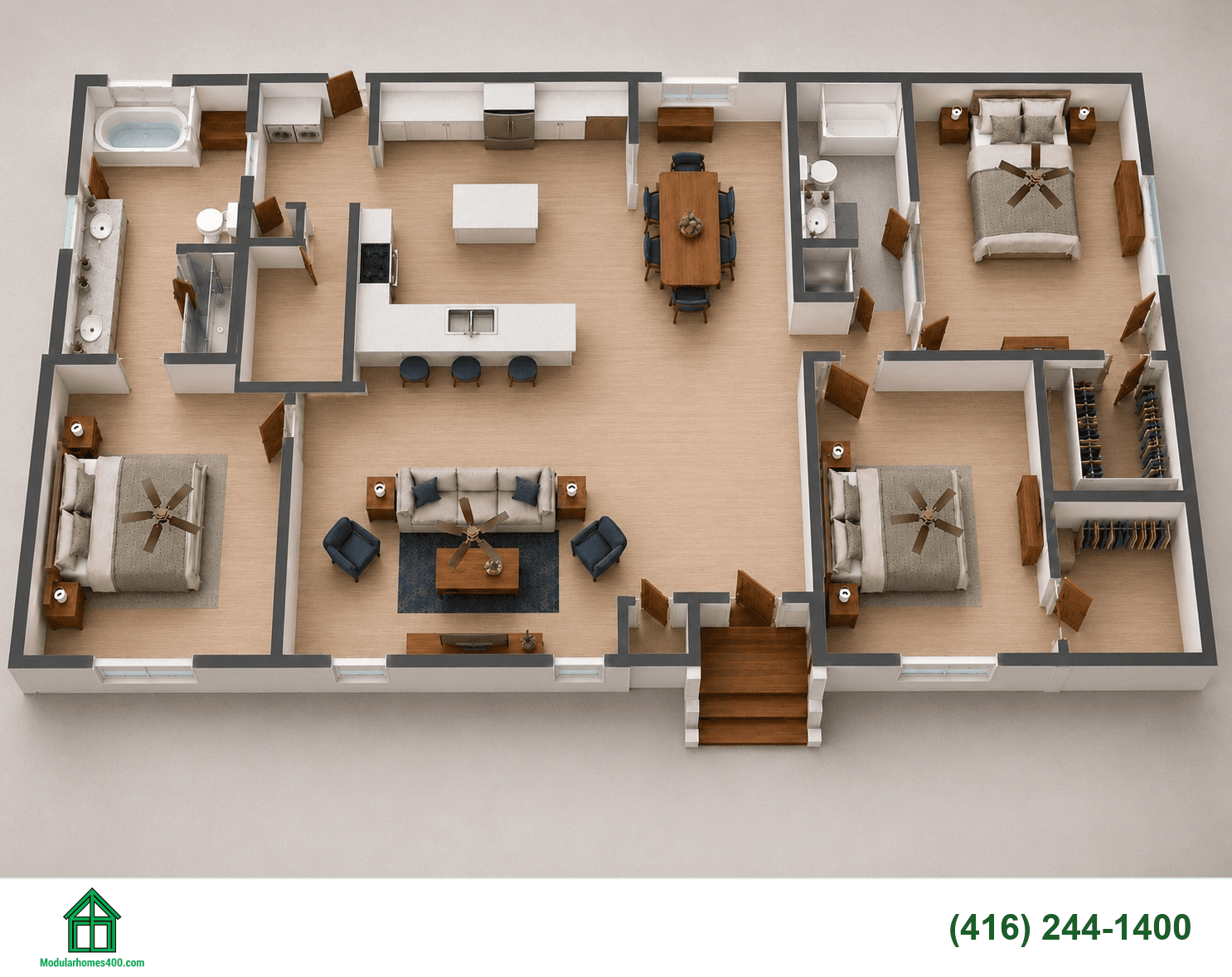 Parkgate modular home floor plan — 1,404 sq ft, 3 bedrooms, 2 bathrooms, open-concept kitchen and living, master ensuite with tub and shower