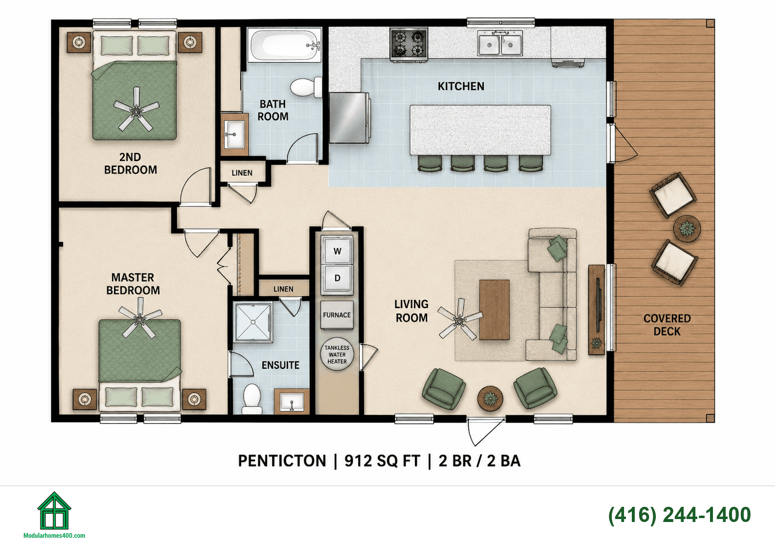 Penticton floor plan — 912 sq ft, 2 bedrooms, 2 bath