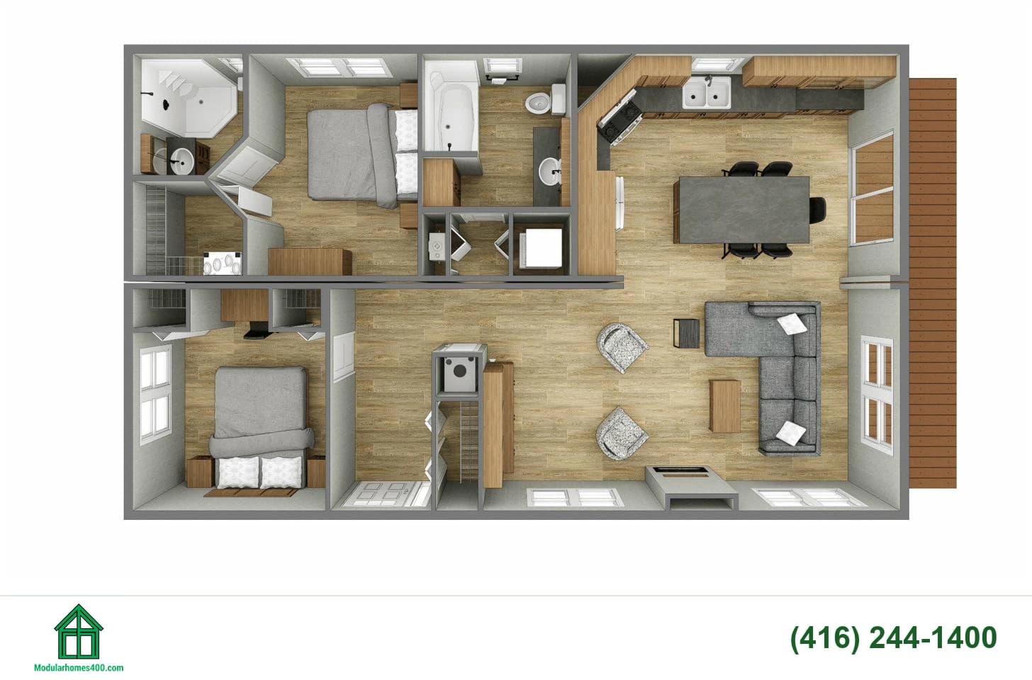 Prada floor plan — 981 sq ft, 2 bedrooms, 2 bath