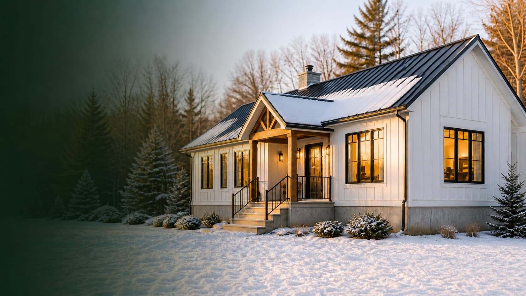 Modular home on a permanent concrete foundation in an Ontario winter, snow on the roof and warm-lit windows at dusk