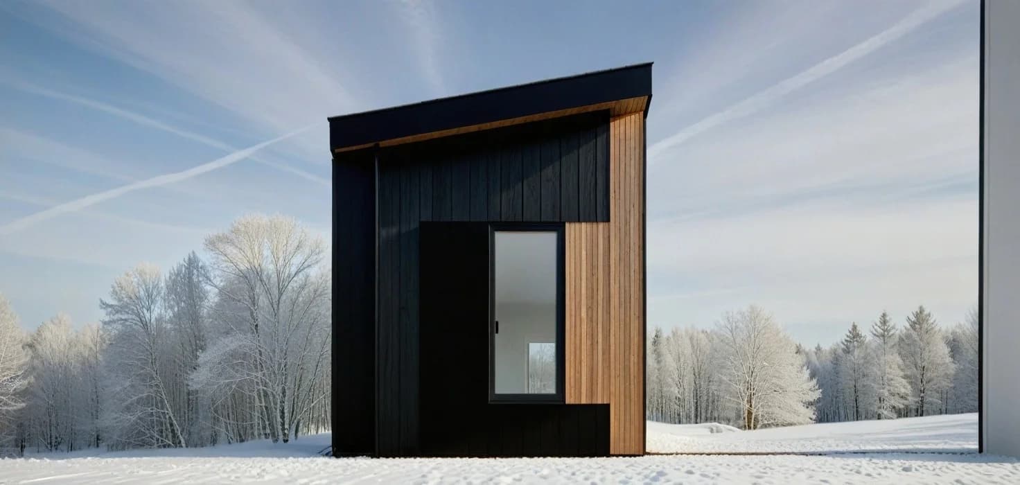 Kubie 160 — Charred-hemlock exterior: shou-sugi-ban cladding, cedar accent, mono-slope roof
