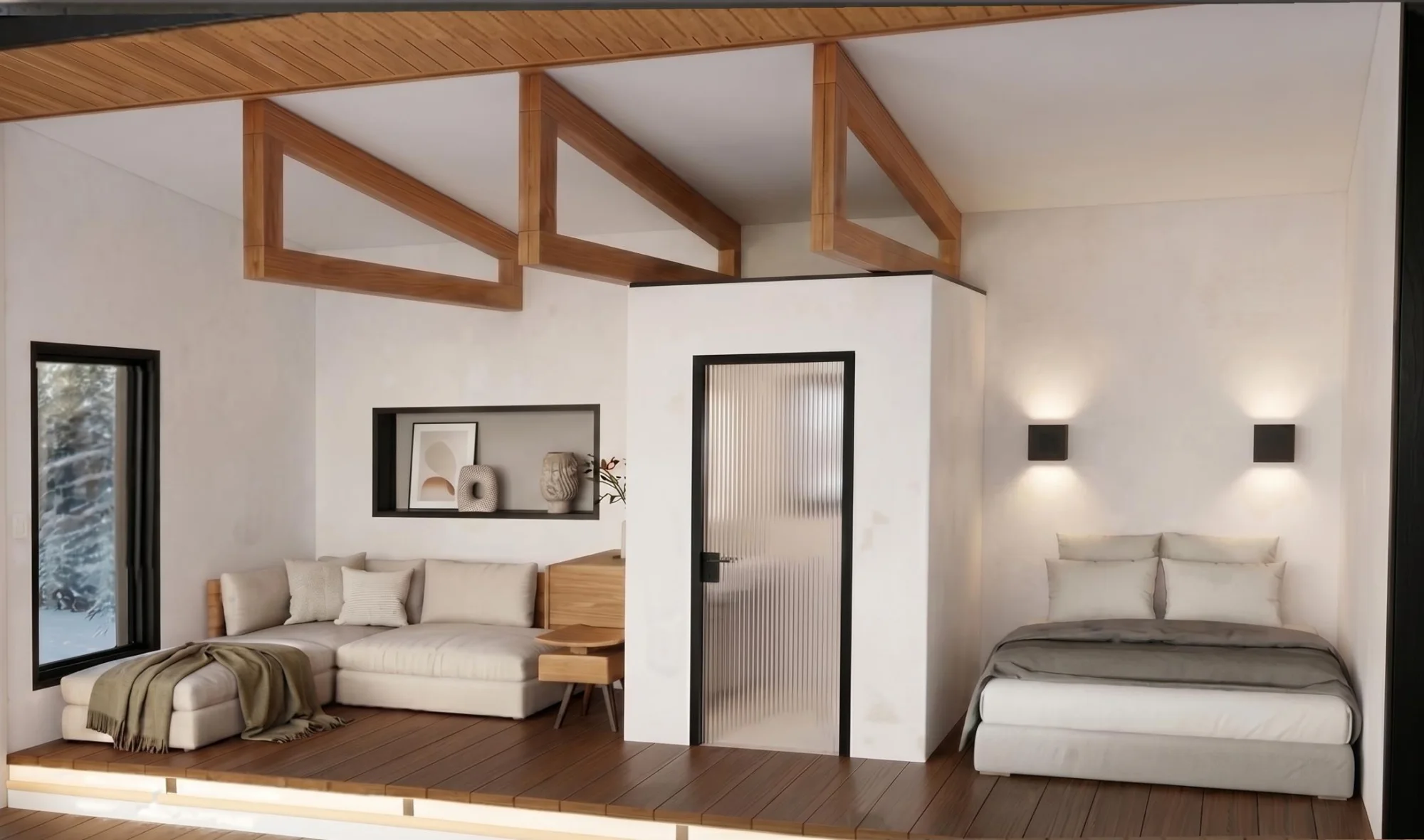Kubie 160 — Evening: warm sconce lighting, double-bed layout