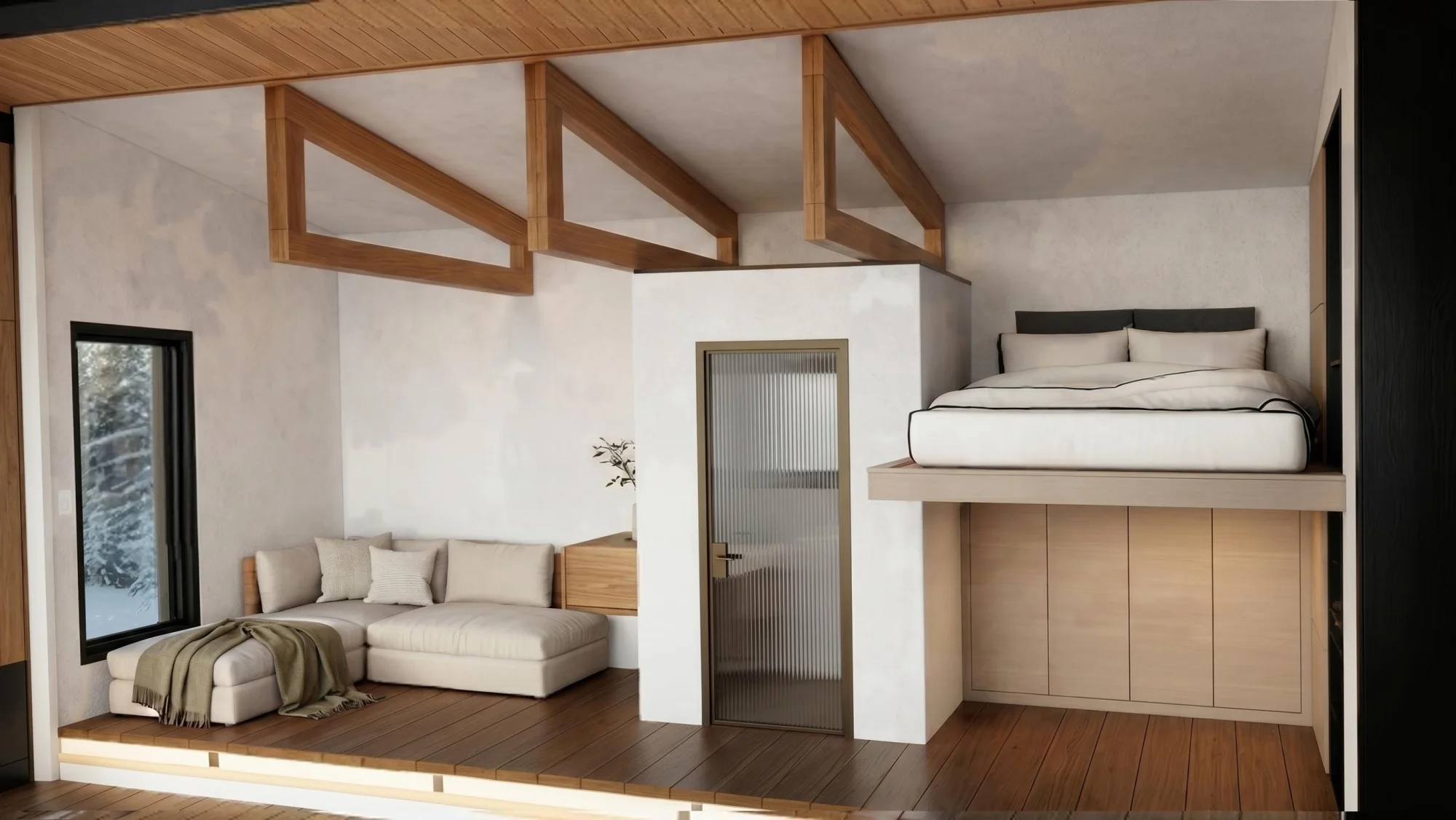 Kubie 160 — Loft & storage: raised bed over built-in storage
