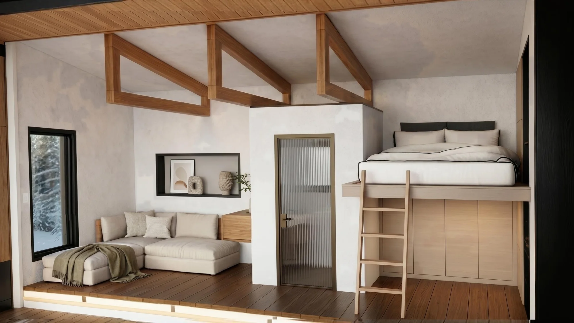 Kubie 160 — Vaulted interior: exposed-truss ceiling, lounge + loft bed