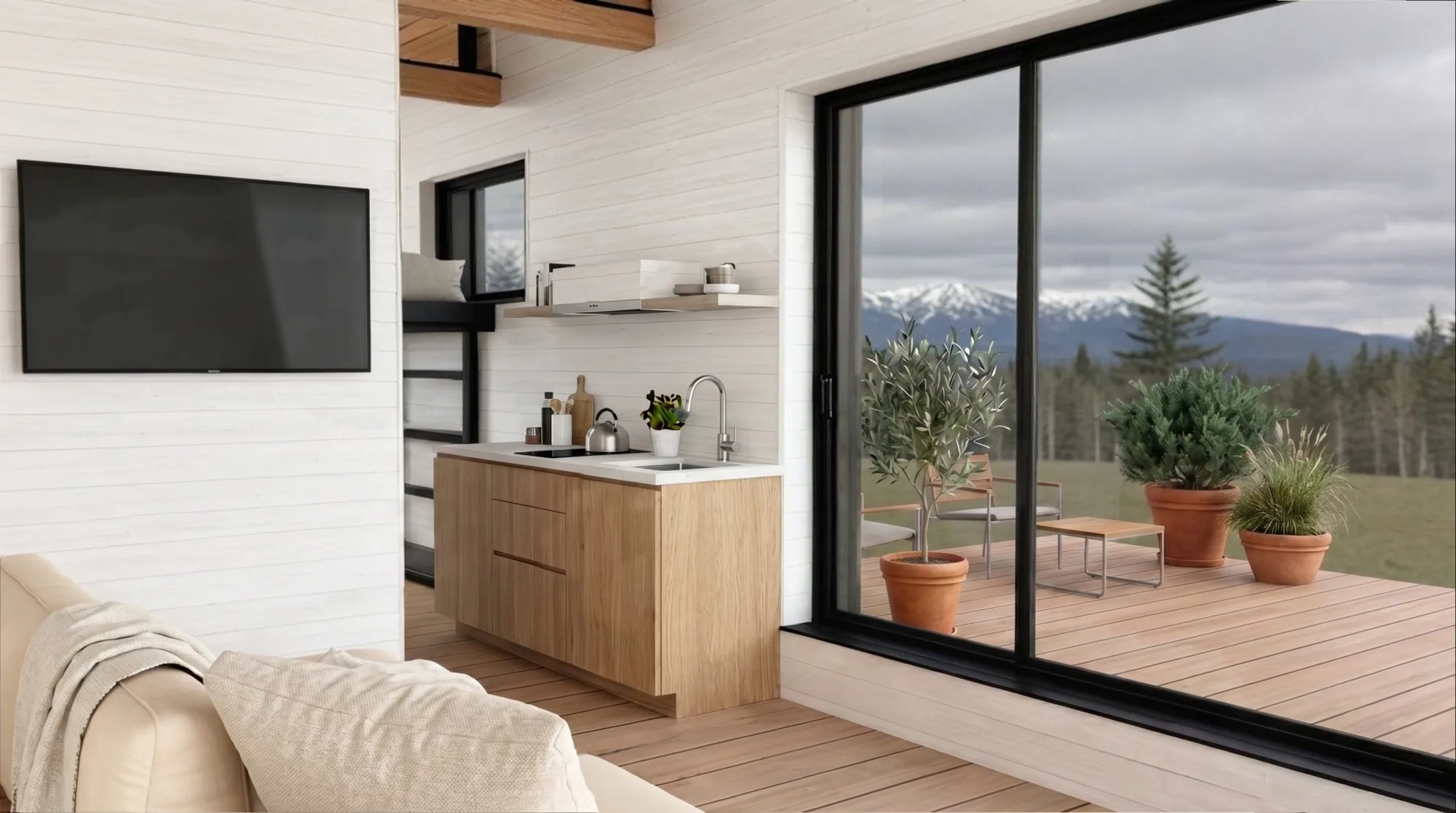 Kubie 160 — Kitchenette: base & wall cabinets, lounge, deck outlook