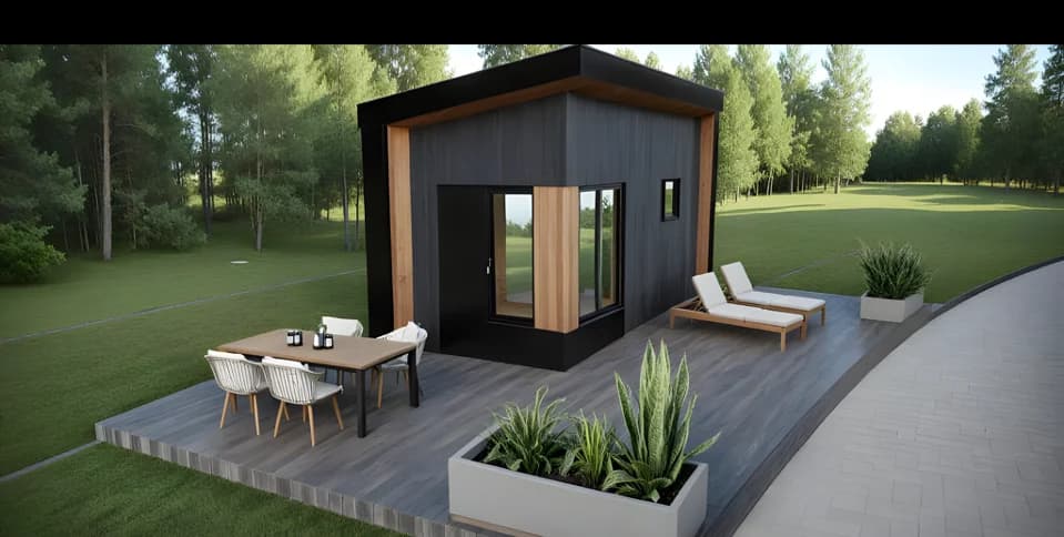 The Casa Duro Kubie 160 backyard studio, charred-timber exterior, shown on a prepared site