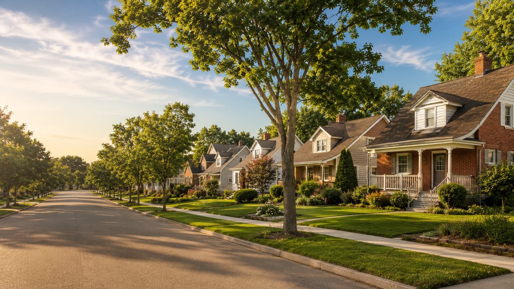 A tree-lined residential street of Ontario homes