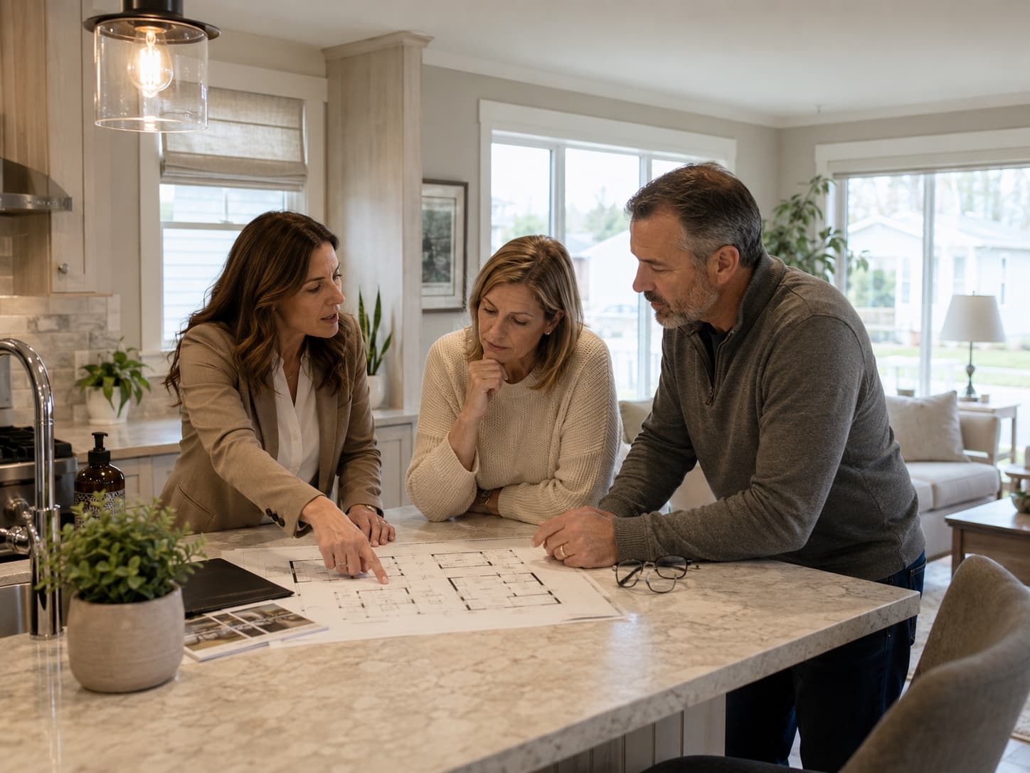 Buyer reviewing modular home floor plans and CSA documentation with their REALTOR®