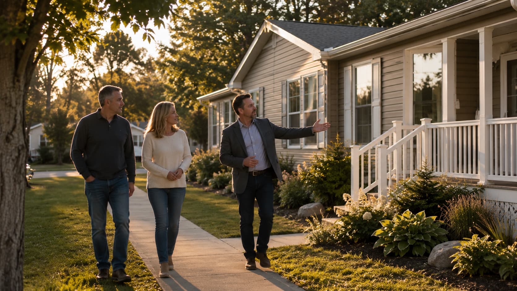 Ontario REALTOR® reviewing modular home floor plans with a client