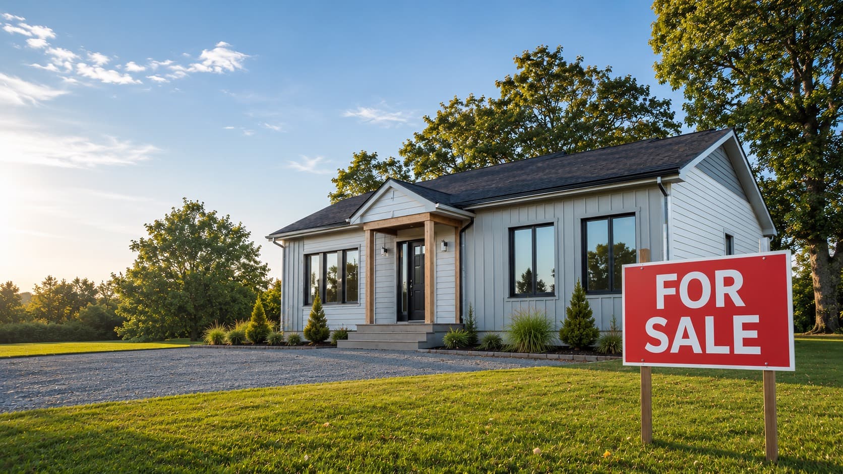 A white modular home in Ontario with a “For Sale” sign on the front lawn