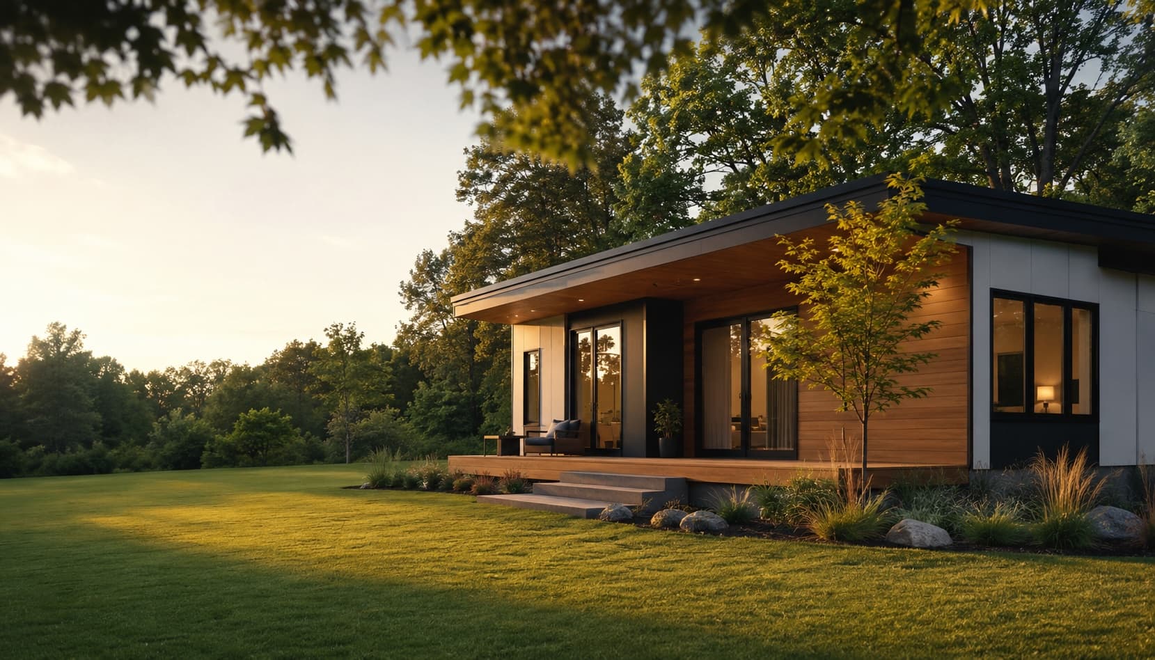 A modern modular home with wood and white cladding on a permanent foundation in a leafy Ontario backyard at golden hour