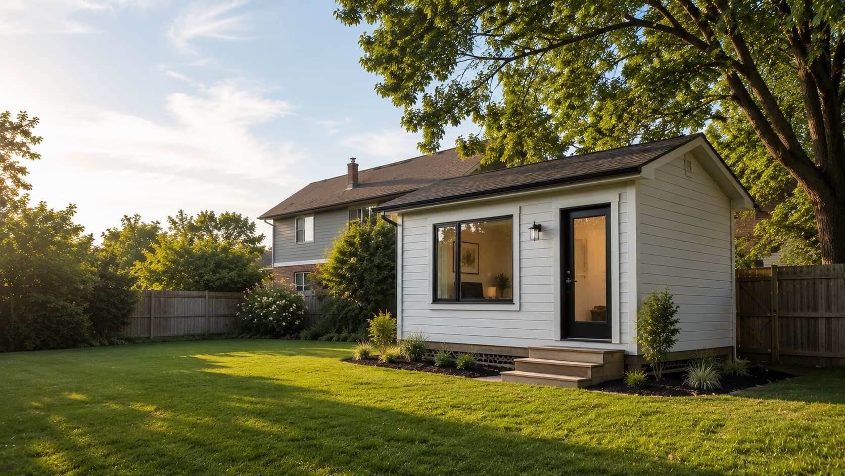 A detached backyard garden suite behind a two-storey main house in Ontario