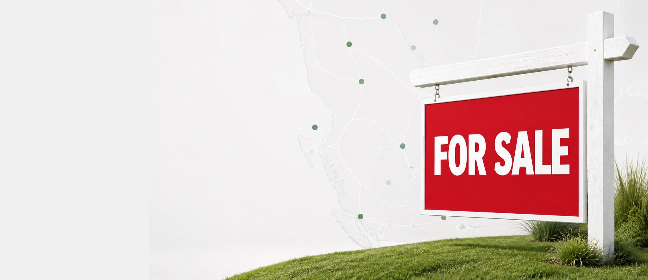 A "For Sale" real estate sign on a lawn in front of a faint map of Ontario dotted with location markers