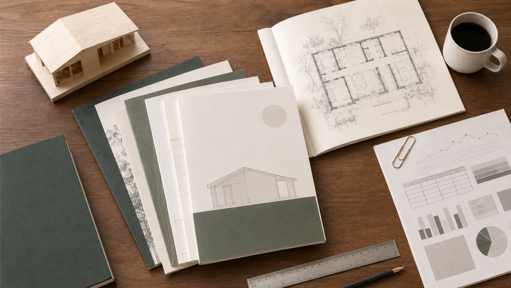 An overhead view of a walnut desk arranged as a modular home research library — a fanned stack of forest-green and cream hardcover guides with abstract architectural cover motifs, an open guide showing a hand-drawn floor plan surrounded by trees, a small unfinished pine architectural model of a single-storey gable home, a printed chart held by a brass paperclip, a stainless-steel ruler, a sharpened pencil, and a ceramic mug of coffee.