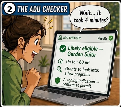 The ADU Checker returns a result in minutes: likely eligible for a garden suite, up to ~60 m², grants to look into, with a reminder to confirm at permit.